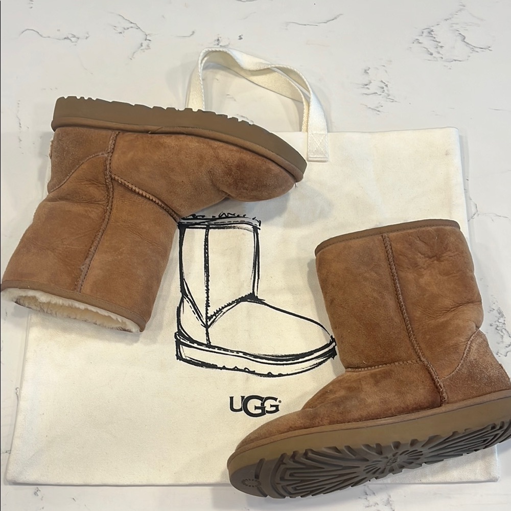 Women’s UGG Tan Sheepskin Boots + UGG Bag. Size: 9